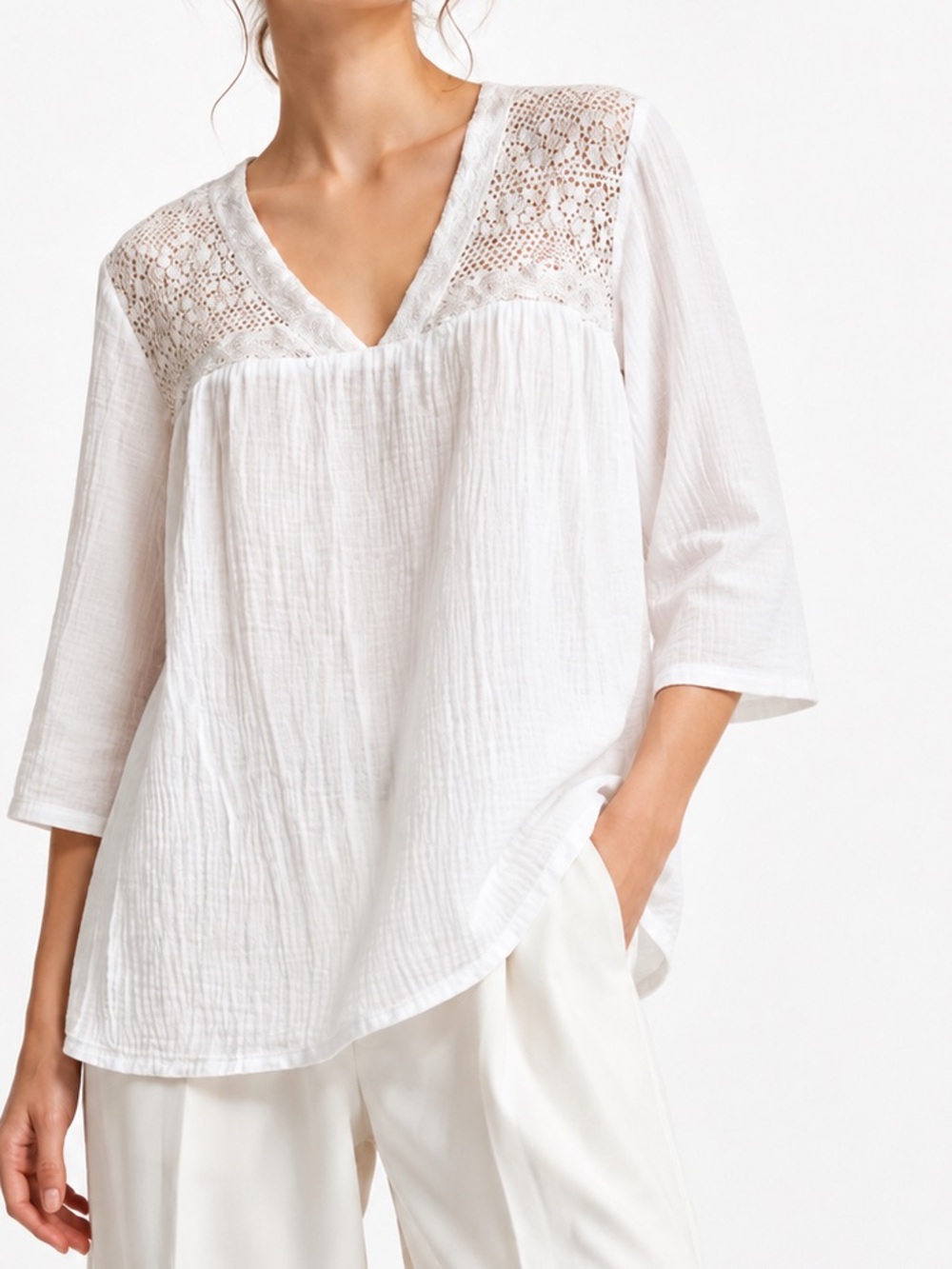 ADIVA Boho White V-Neck Cotton Gauze Blouse Lace Yoke Flowy Summer Top